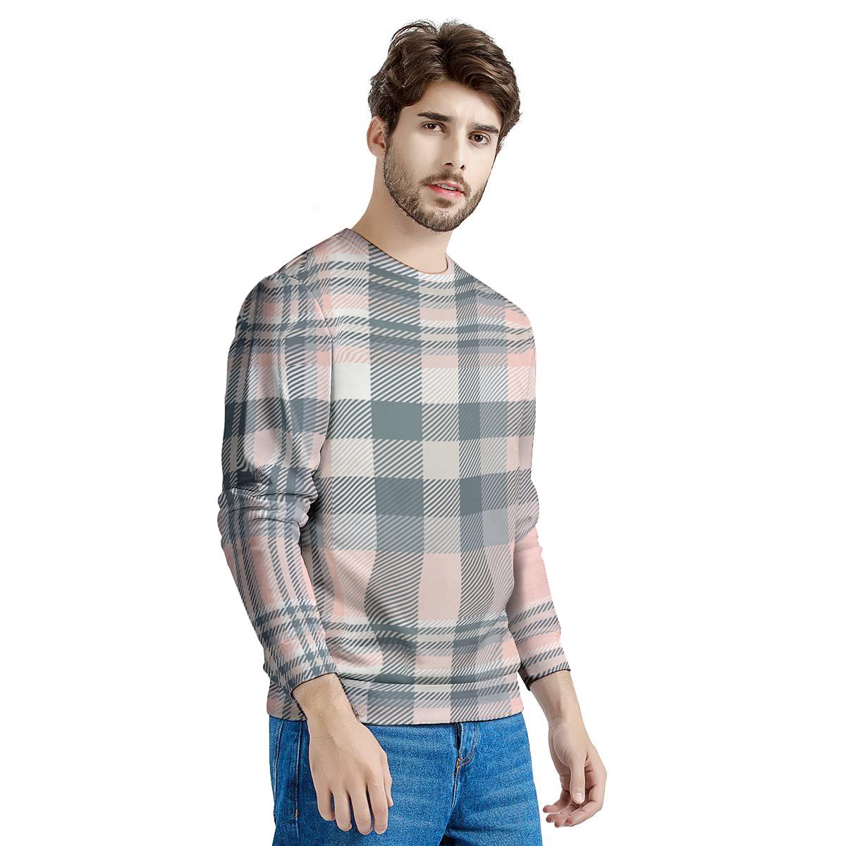 Pink Grey Plaid Tartan Men's Sweatshirt-grizzshop