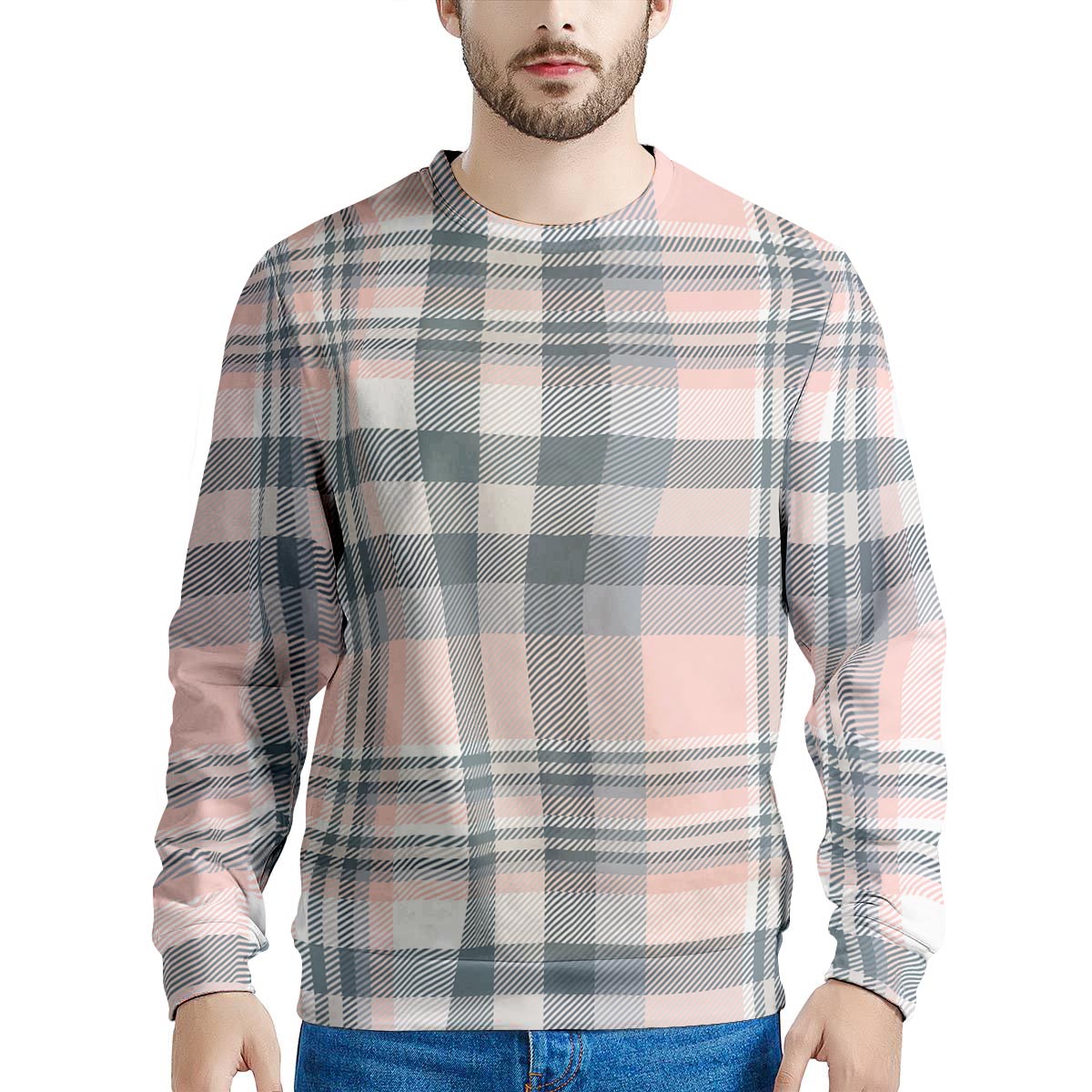 Pink Grey Plaid Tartan Men's Sweatshirt-grizzshop