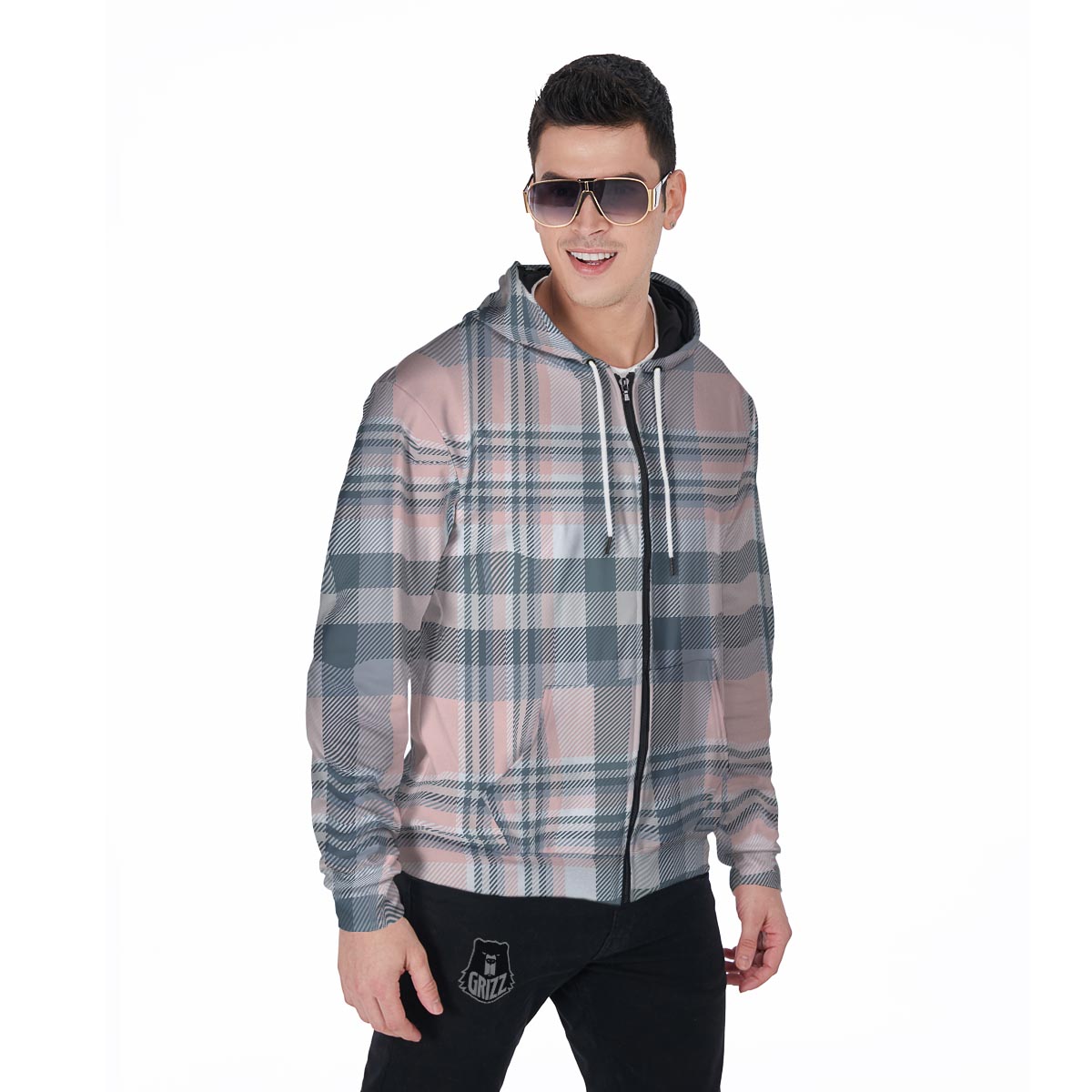 Pink Grey Plaid Tartan Men's Zip Up Hoodie-grizzshop