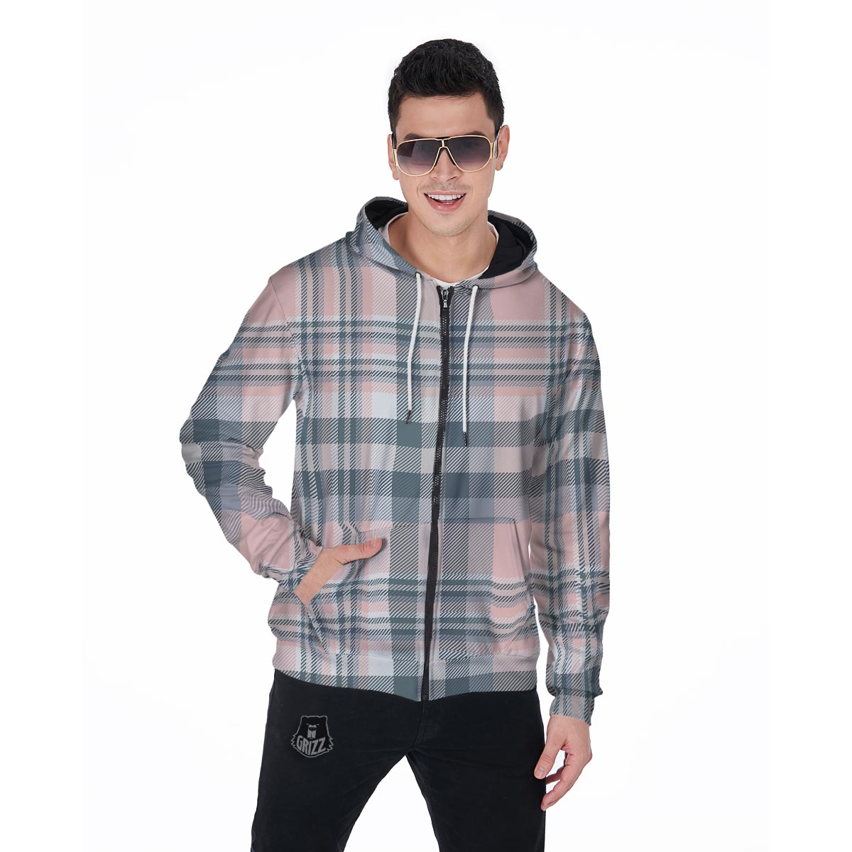 Pink Grey Plaid Tartan Men's Zip Up Hoodie-grizzshop