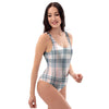 Pink Grey Plaid Tartan One Piece Swimsuite-grizzshop