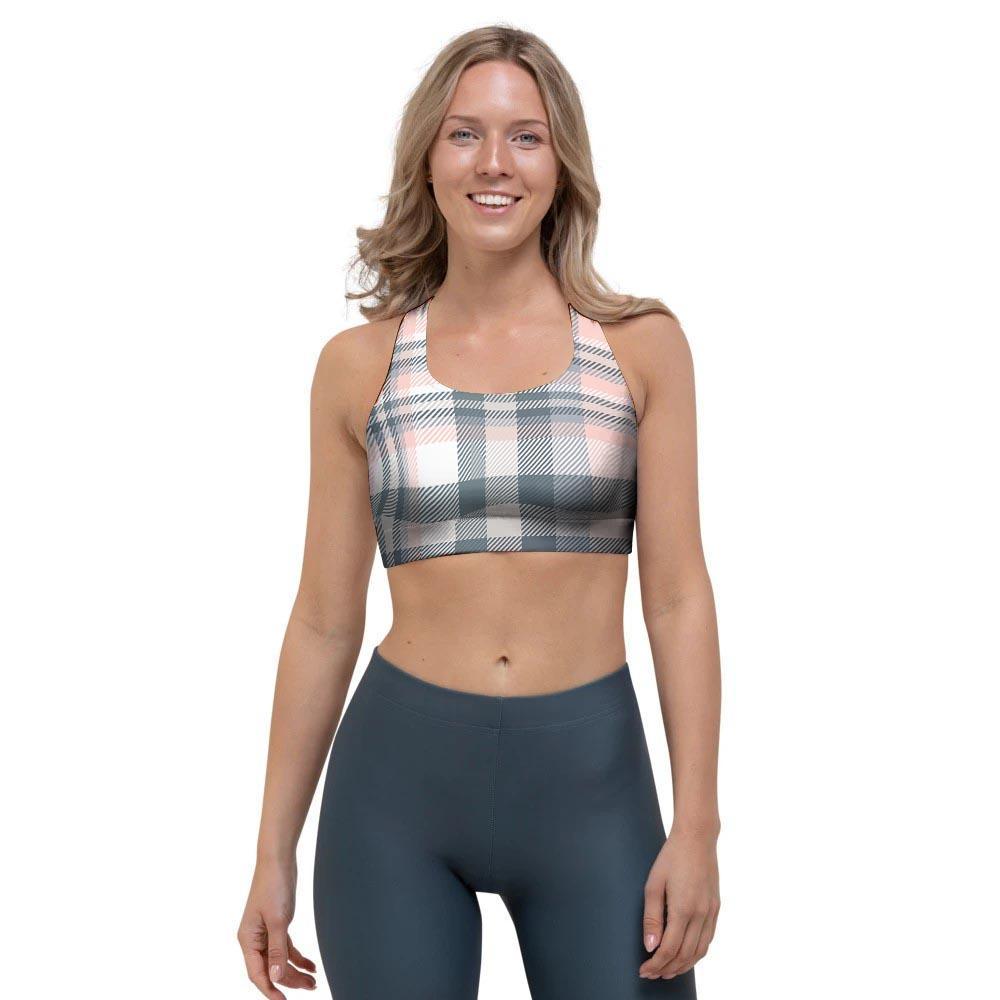 Pink Grey Plaid Tartan Sports Bra-grizzshop