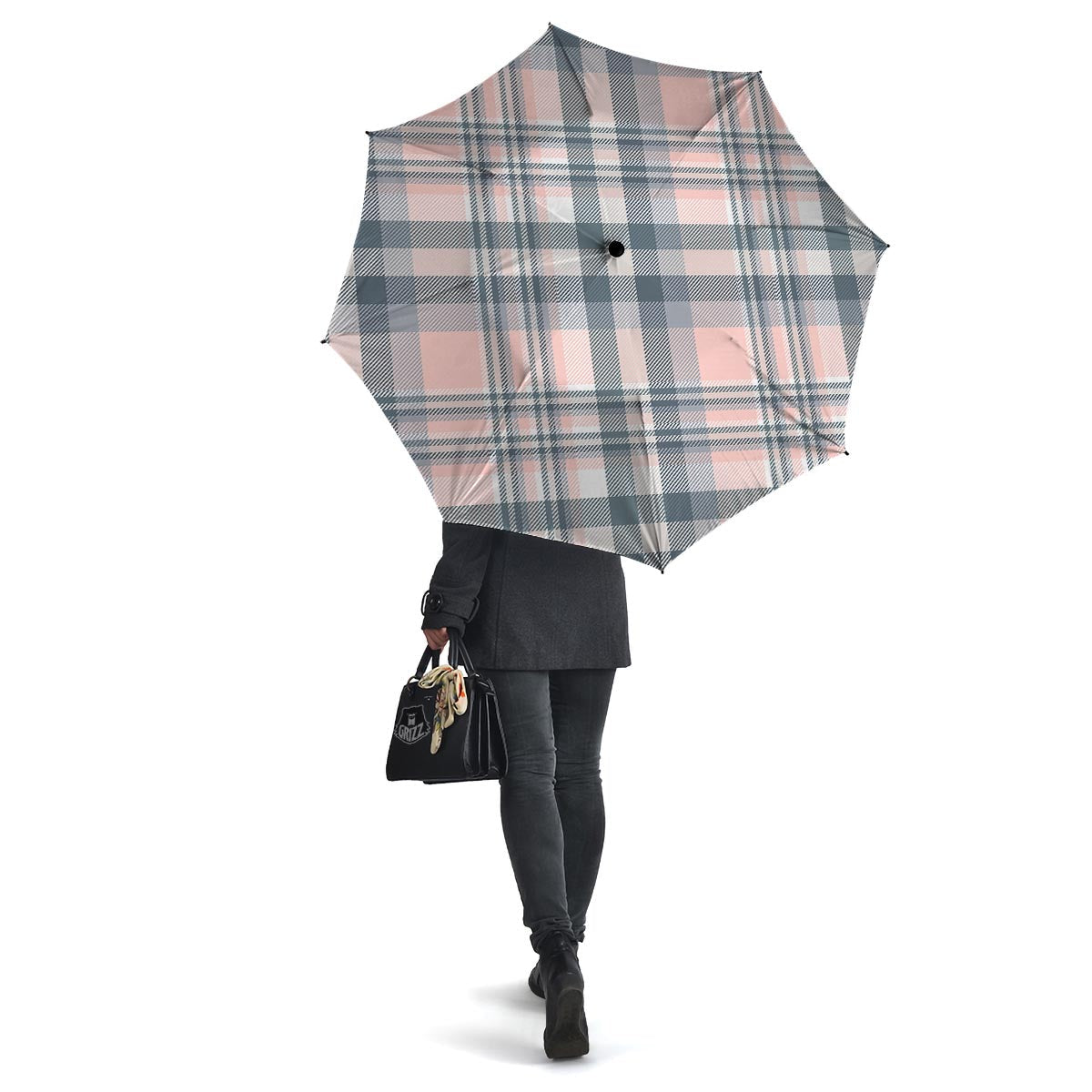 Pink Grey Plaid Tartan Umbrella-grizzshop