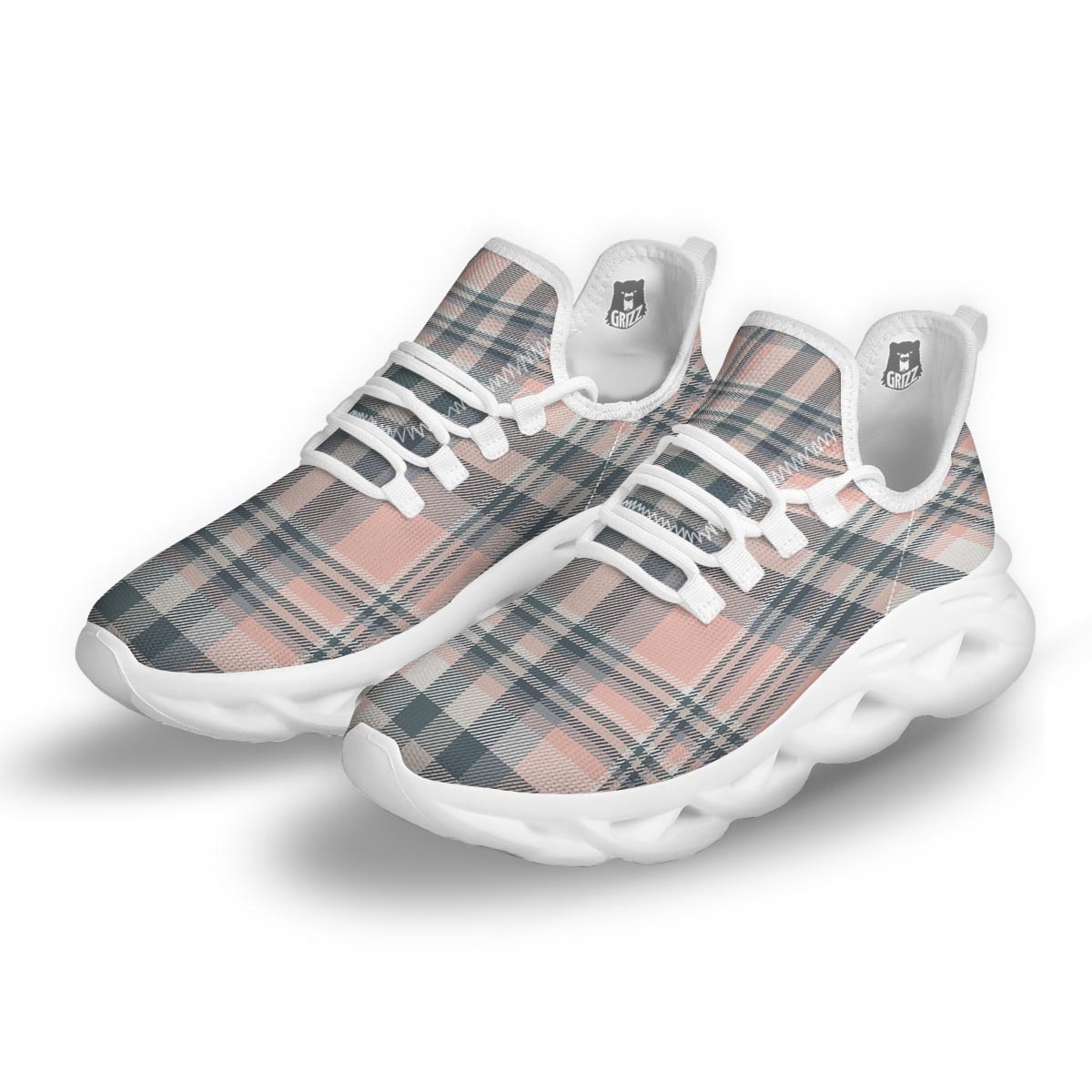 Pink Grey Plaid Tartan White Running Shoes-grizzshop