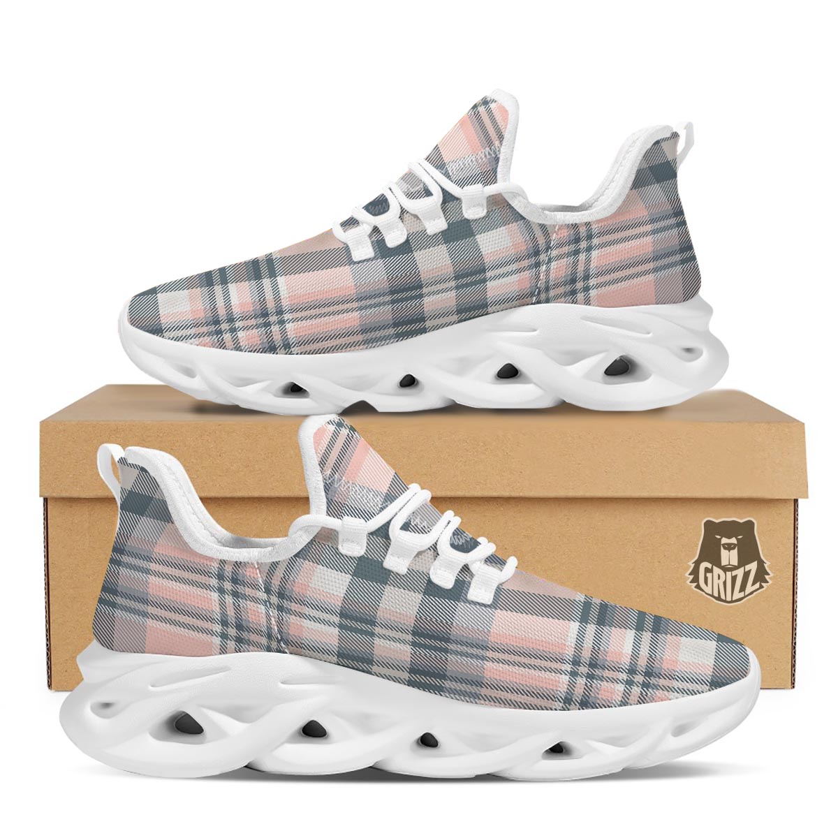 Pink Grey Plaid Tartan White Running Shoes-grizzshop