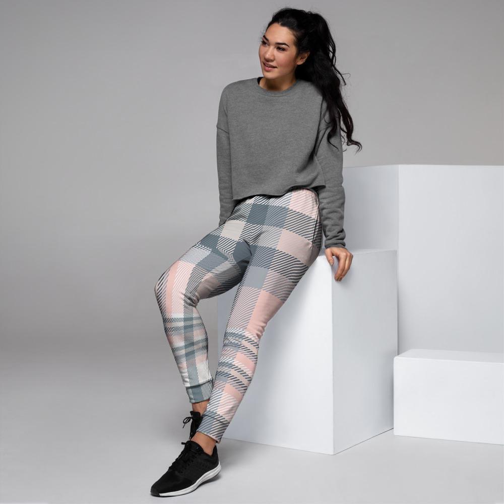 Pink Grey Plaid Tartan Women's Joggers-grizzshop