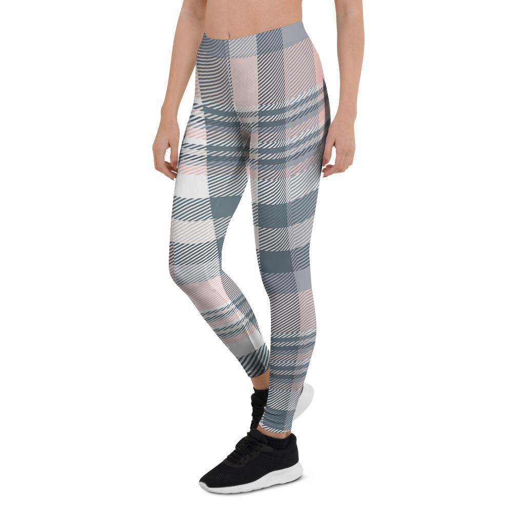 Pink Grey Plaid Tartan Women's Leggings-grizzshop