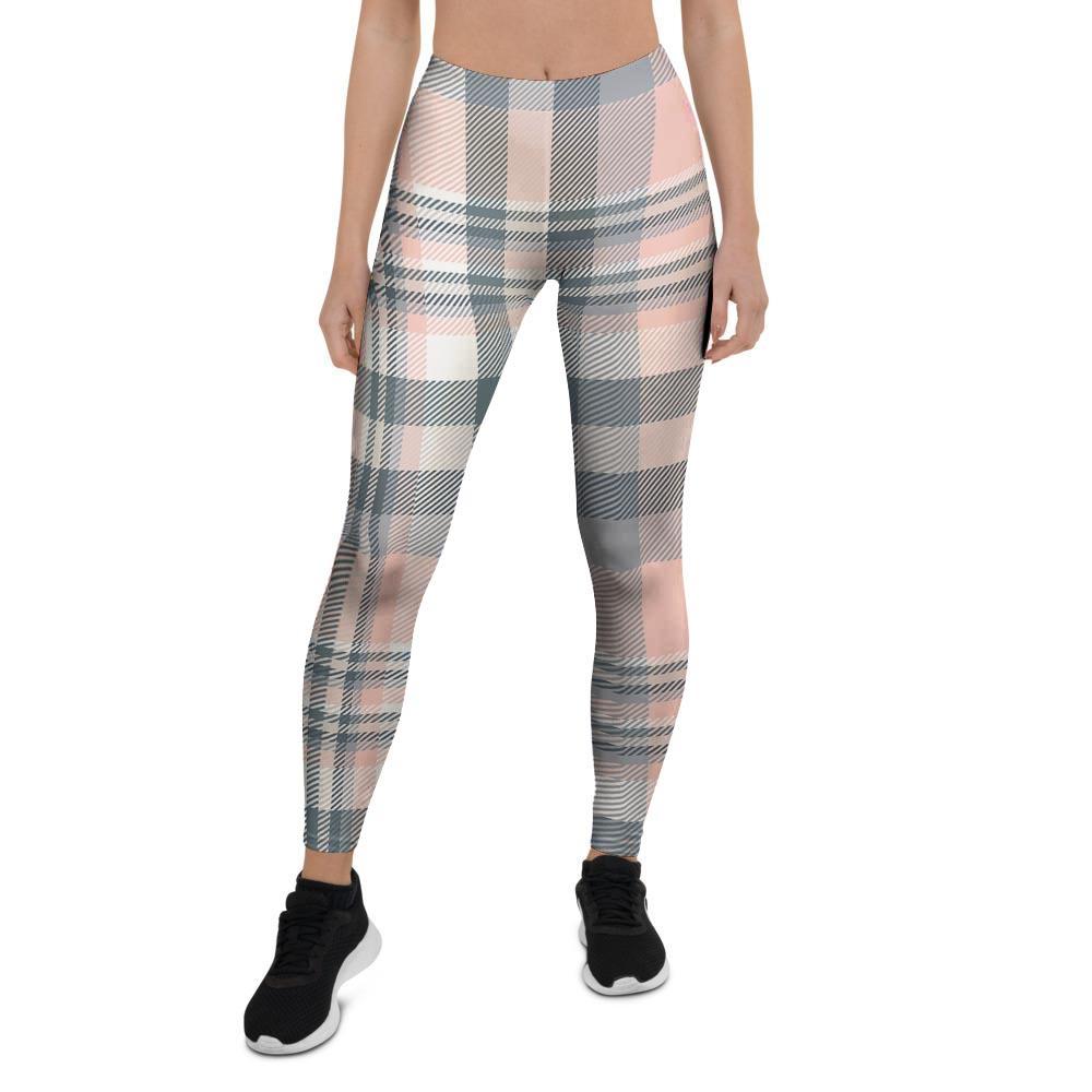 Pink Grey Plaid Tartan Women's Leggings-grizzshop