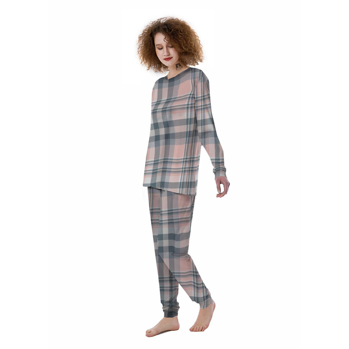 Pink Grey Plaid Tartan Women's Pajamas-grizzshop