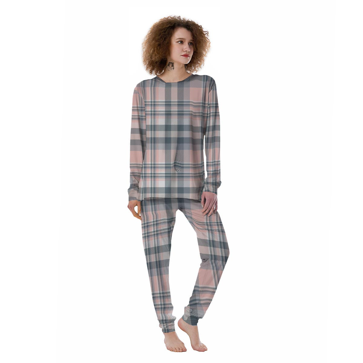 Pink Grey Plaid Tartan Women's Pajamas-grizzshop