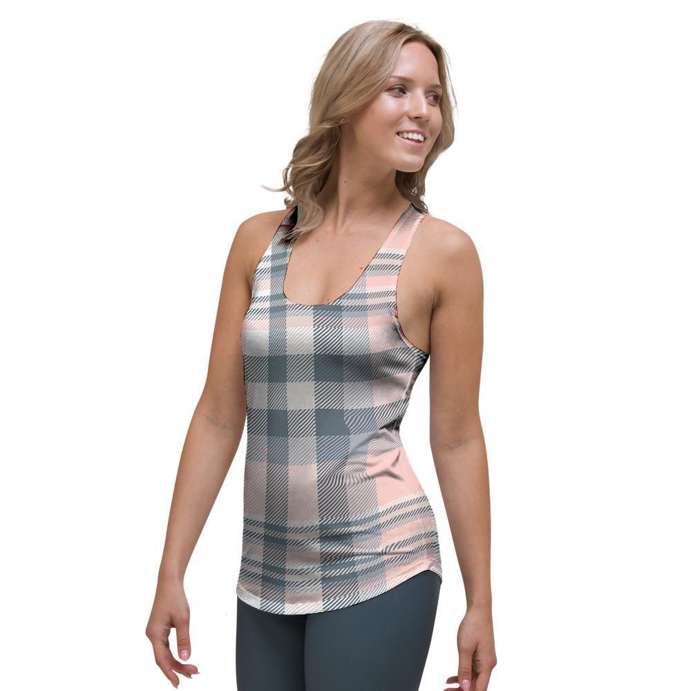 Pink Grey Plaid Tartan Women's Racerback Tank Top-grizzshop