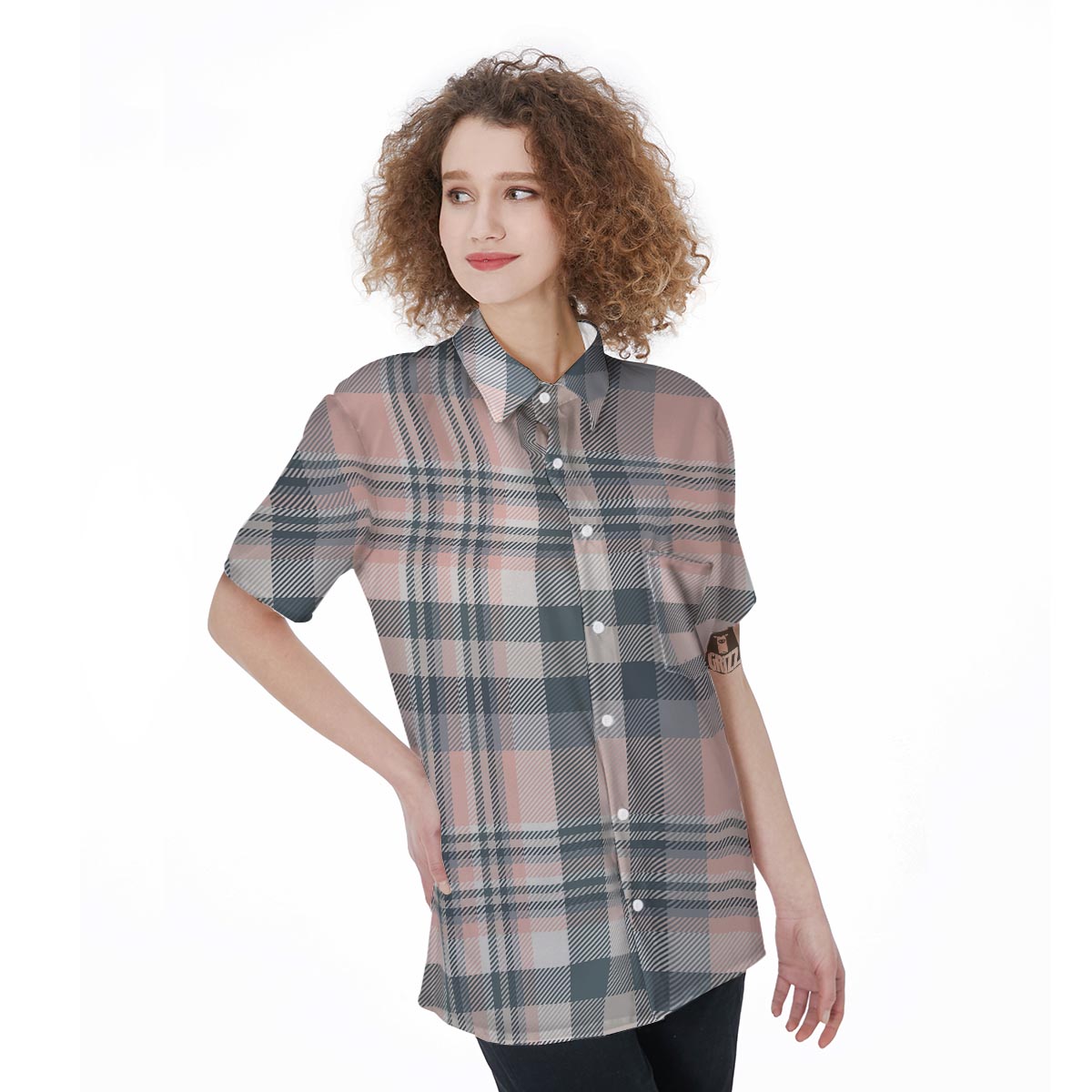 Pink Grey Plaid Tartan Women's Short Sleeve Shirts-grizzshop