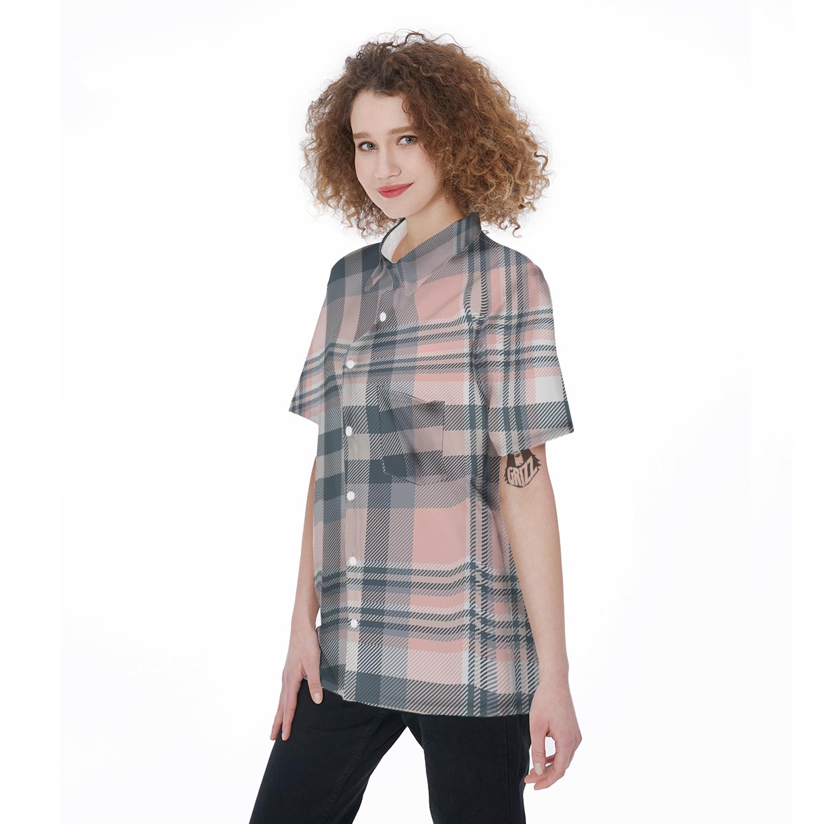 Pink Grey Plaid Tartan Women's Short Sleeve Shirts-grizzshop