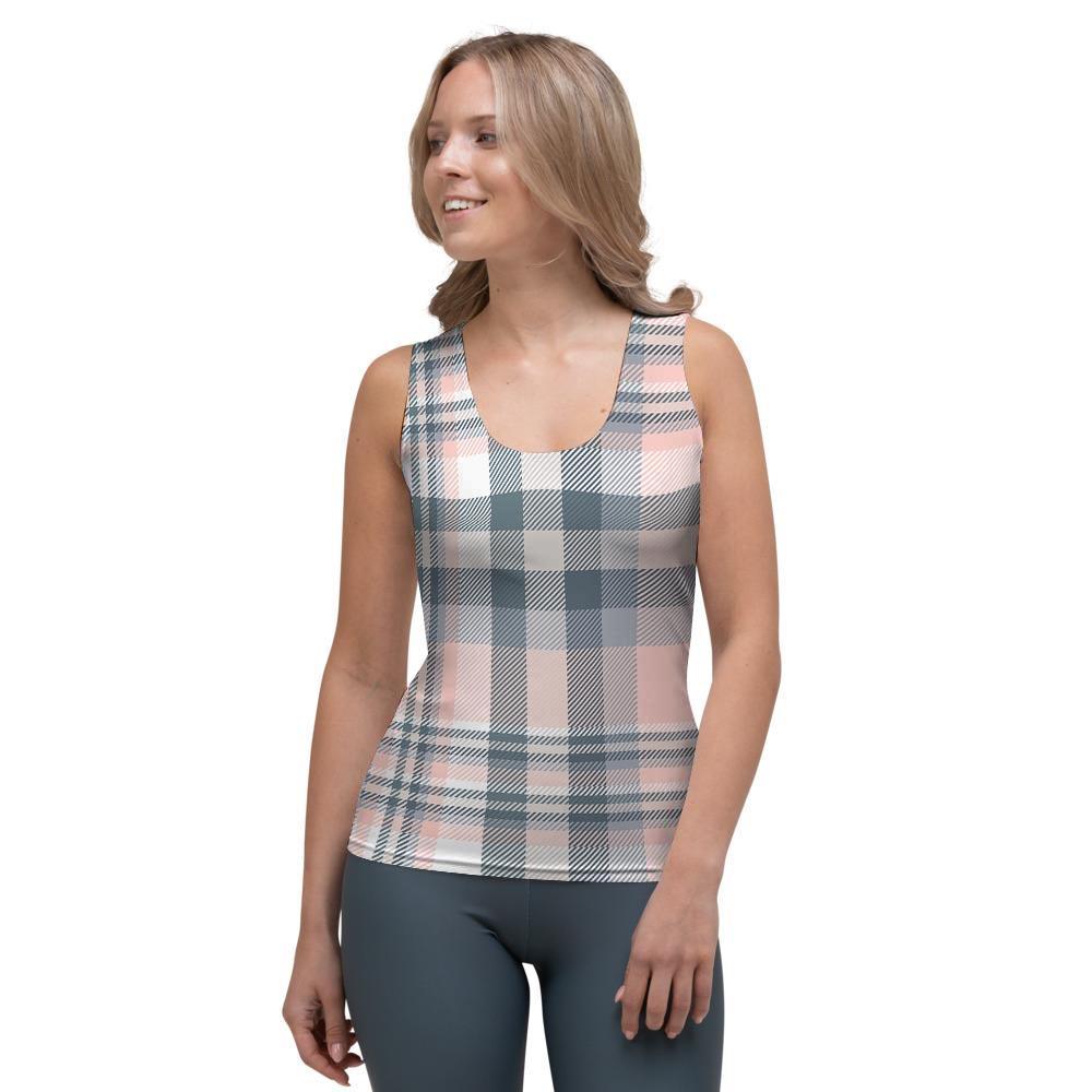 Pink Grey Plaid Tartan Women's Tank Top-grizzshop
