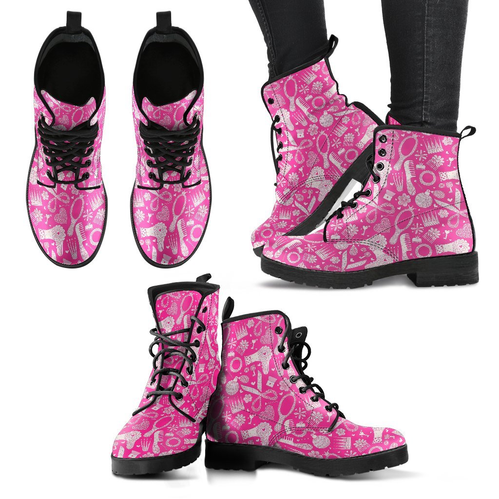 Pink Hair Stylist Pattern Print Men Women Leather Boots-grizzshop