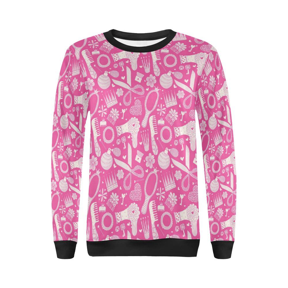 Pink Hair Stylist Pattern Print Women Crewneck Sweatshirt-grizzshop