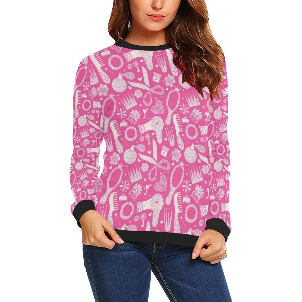 Pink Hair Stylist Pattern Print Women Crewneck Sweatshirt-grizzshop