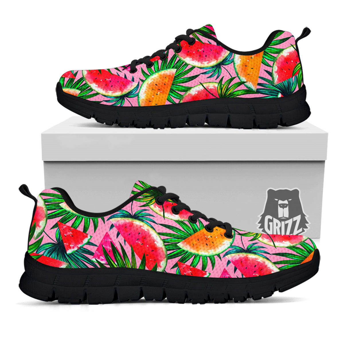 Pink Hawaiian Watermelon Print Pattern Black Sneaker-grizzshop