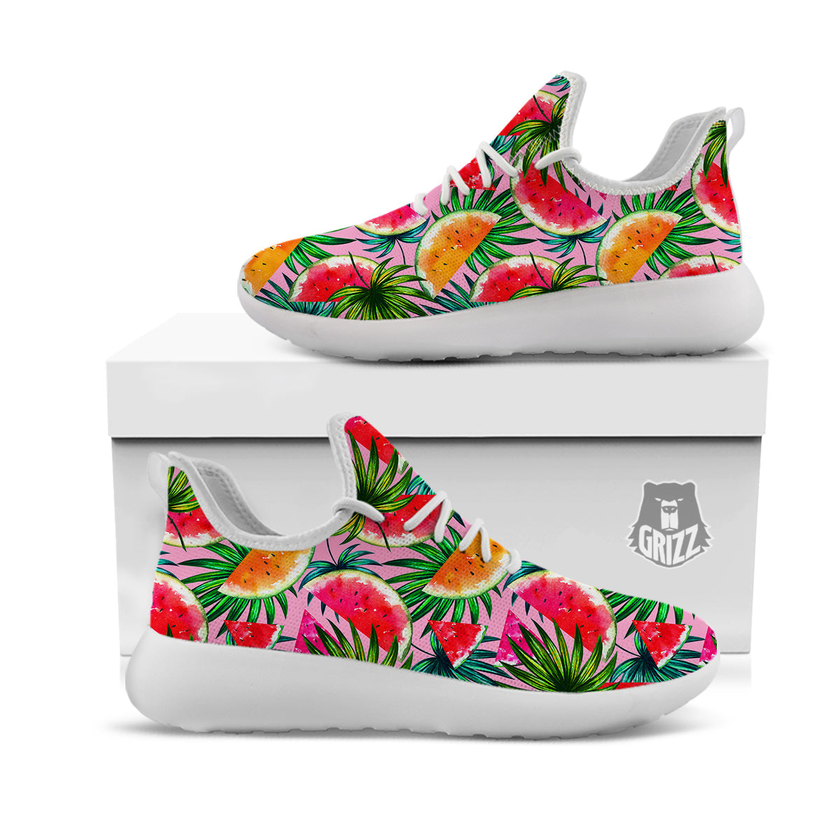 Pink Hawaiian Watermelon Print Pattern White Athletic Shoes-grizzshop