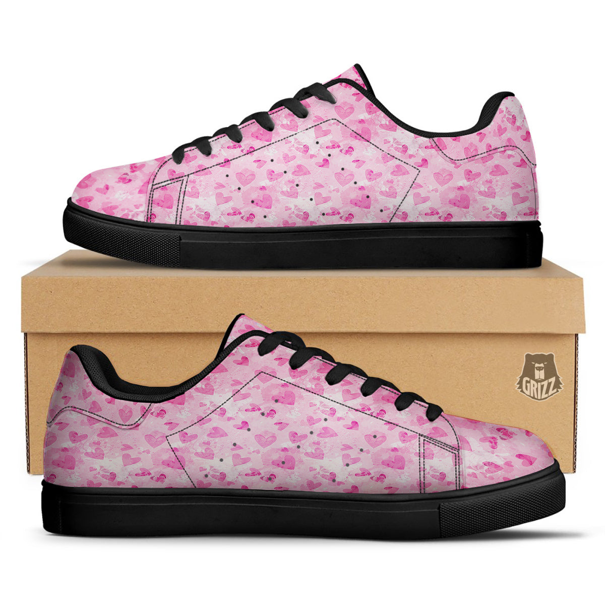 Pink Heart Cute Print Pattern Black Low Top Sneakers-grizzshop