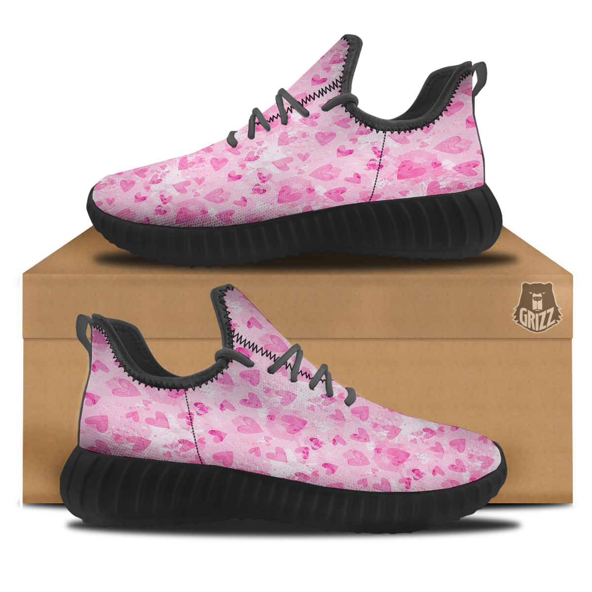 Pink Heart Cute Print Pattern Black Walking Shoes-grizzshop