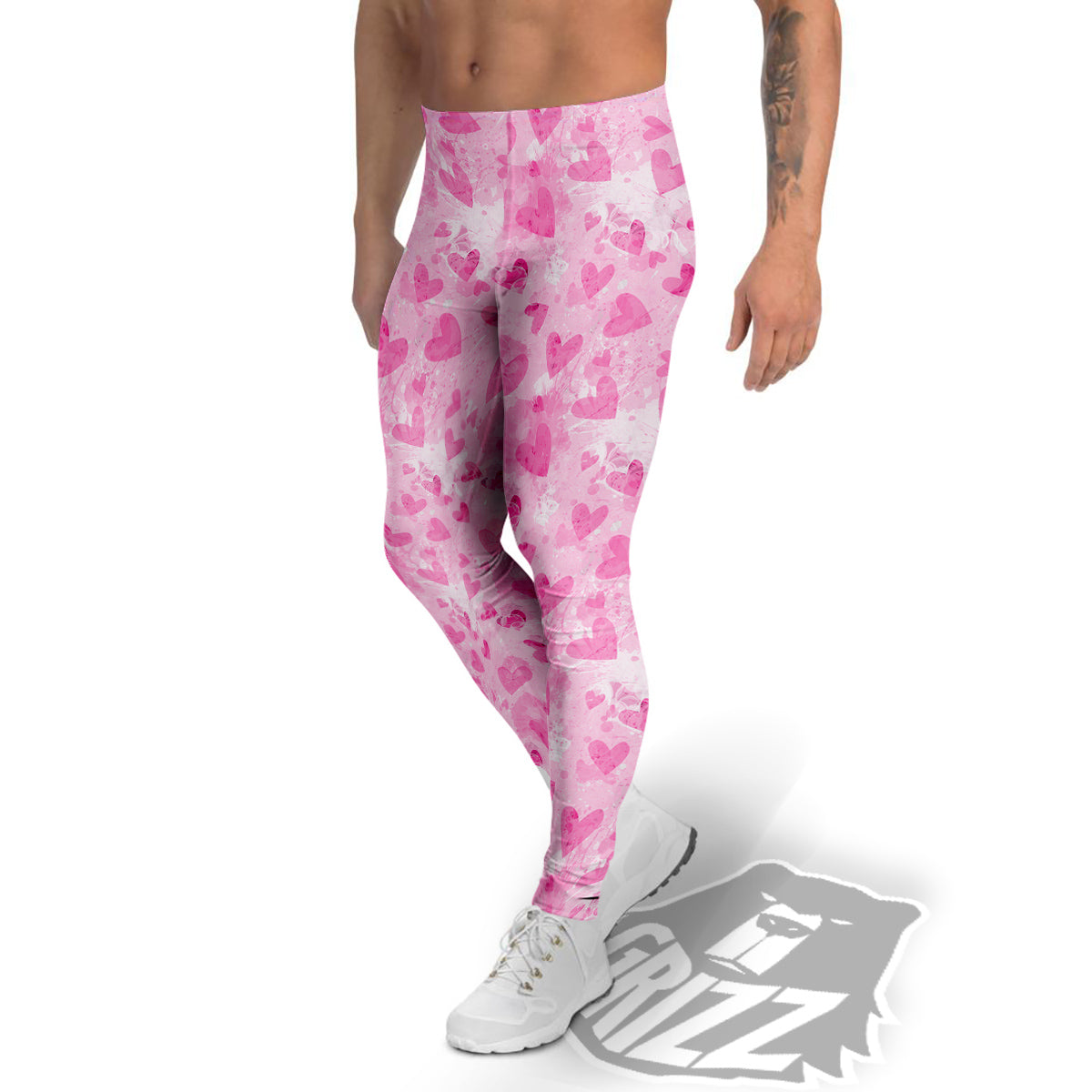 Pink Heart Cute Print Pattern Men's Leggings-grizzshop