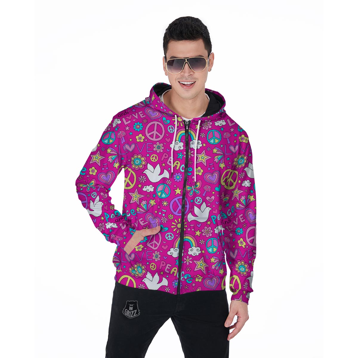 Pink Hippie Men's Zip Up Hoodie-grizzshop