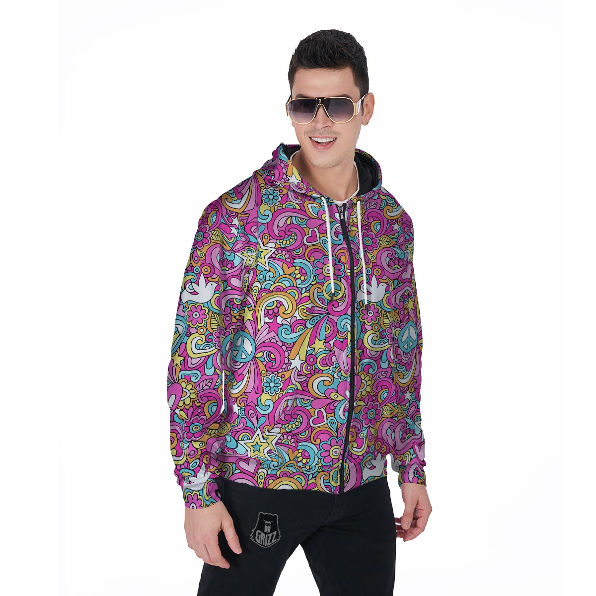Pink Hippie Psychedelic Men's Zip Up Hoodie-grizzshop