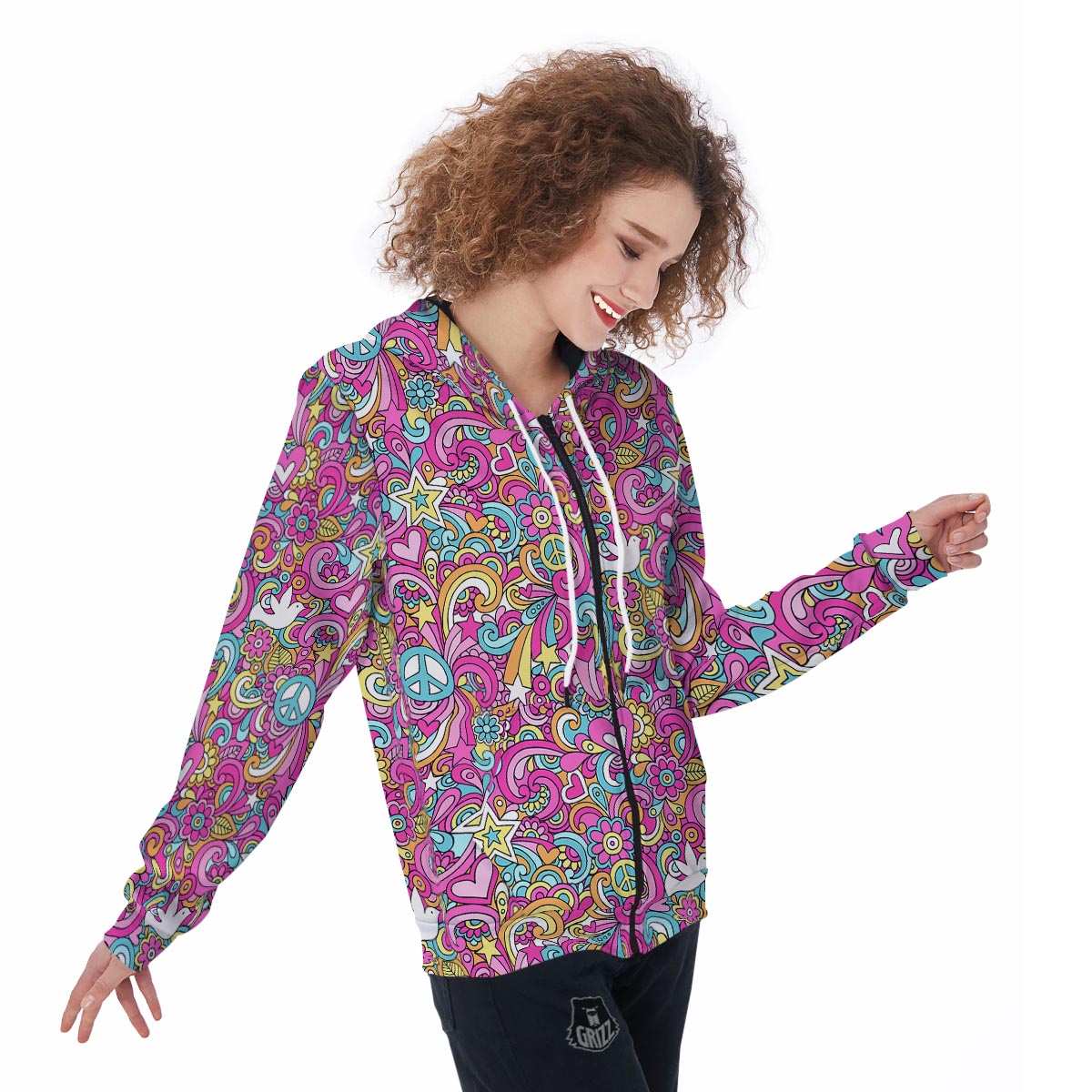Pink Hippie Psychedelic Women's Zip Up Hoodie-grizzshop