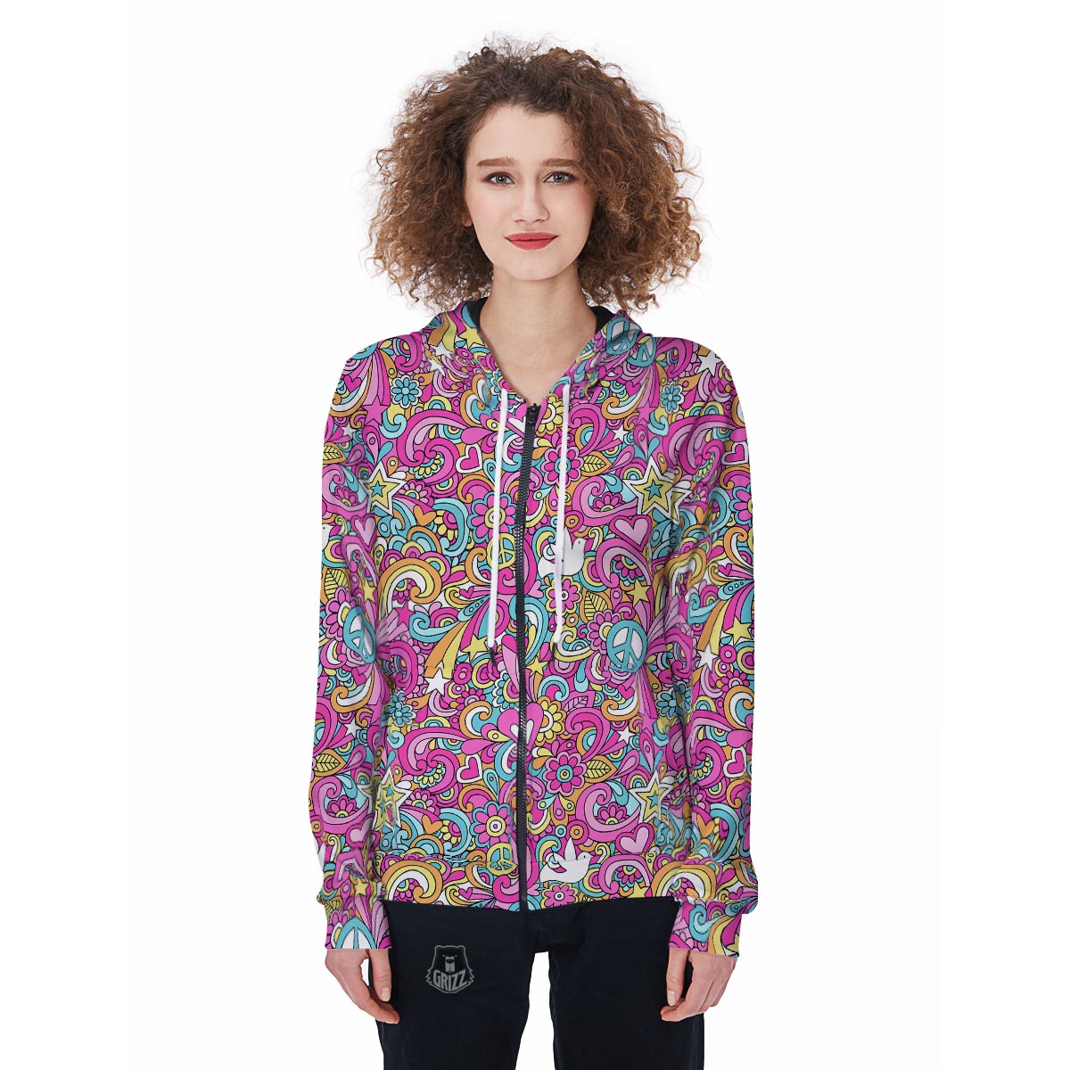Pink Hippie Psychedelic Women's Zip Up Hoodie-grizzshop