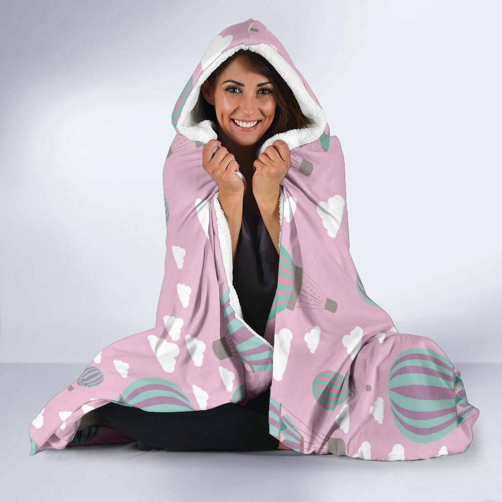 Pink Hot Air Balloon Pattern Print Hooded Blanket-grizzshop