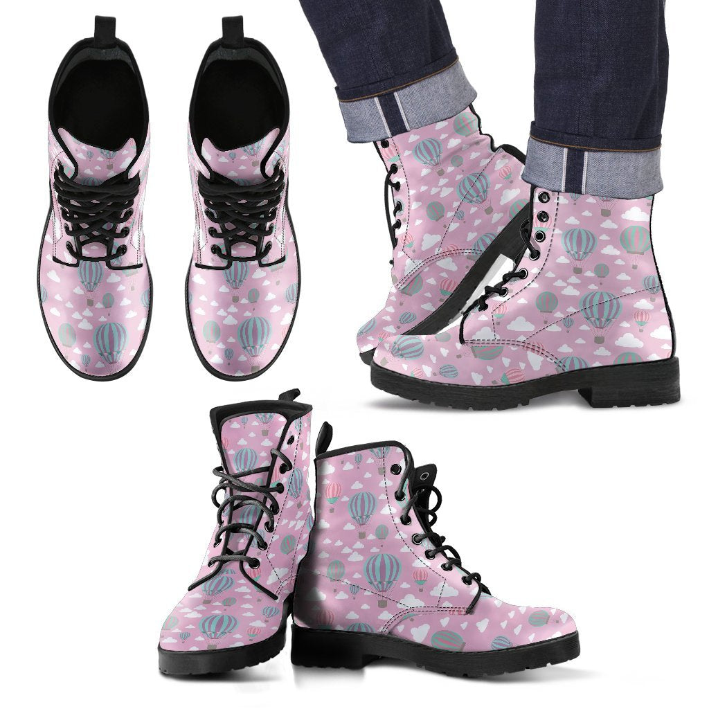 Pink Hot Air Balloon Pattern Print Men Women Leather Boots-grizzshop