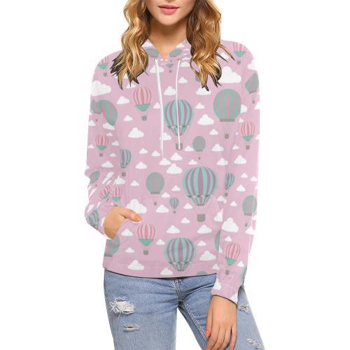 Pink Hot Air Balloon Pattern Print Women Pullover Hoodie-grizzshop