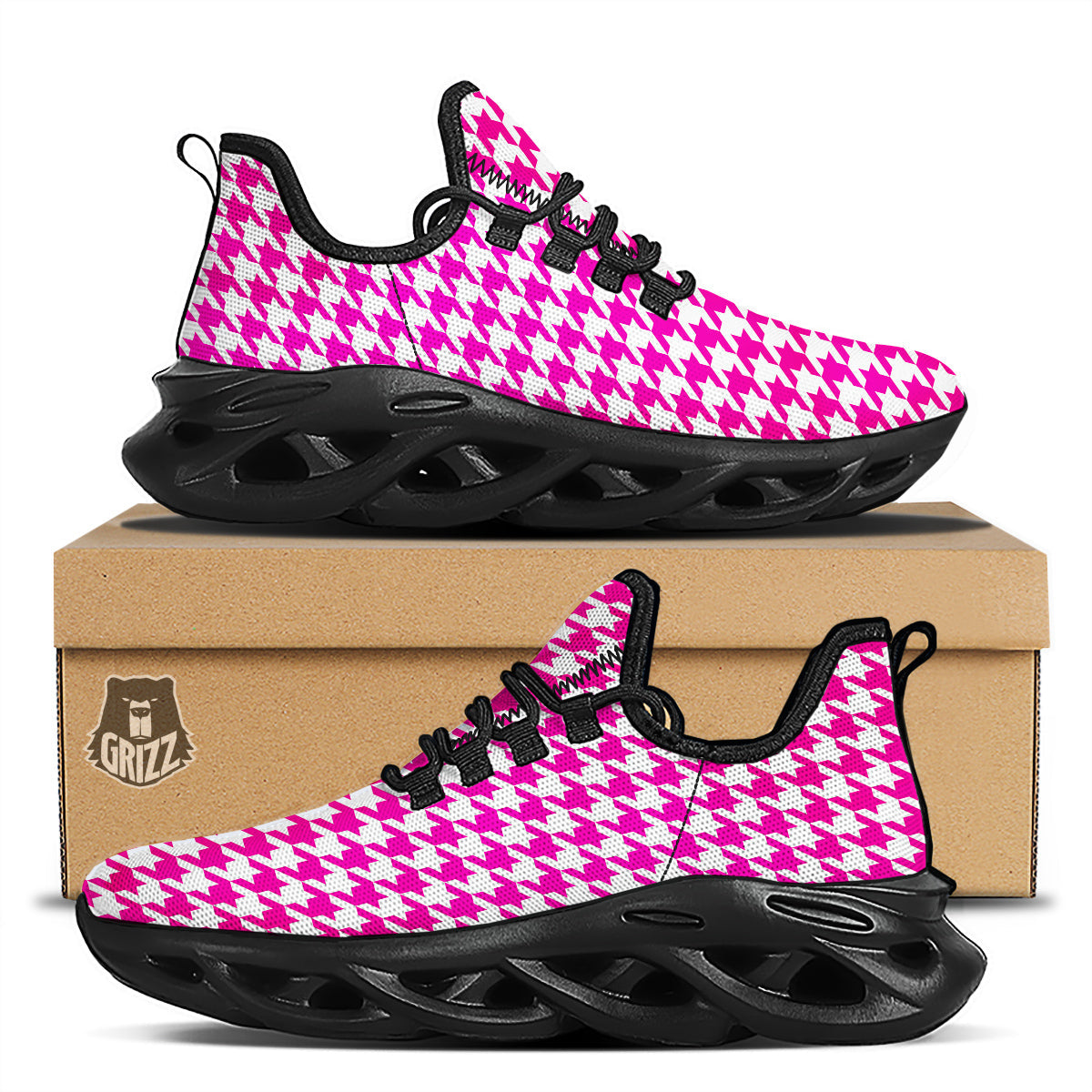 Pink Houndstooth Print Black Running Shoes-grizzshop