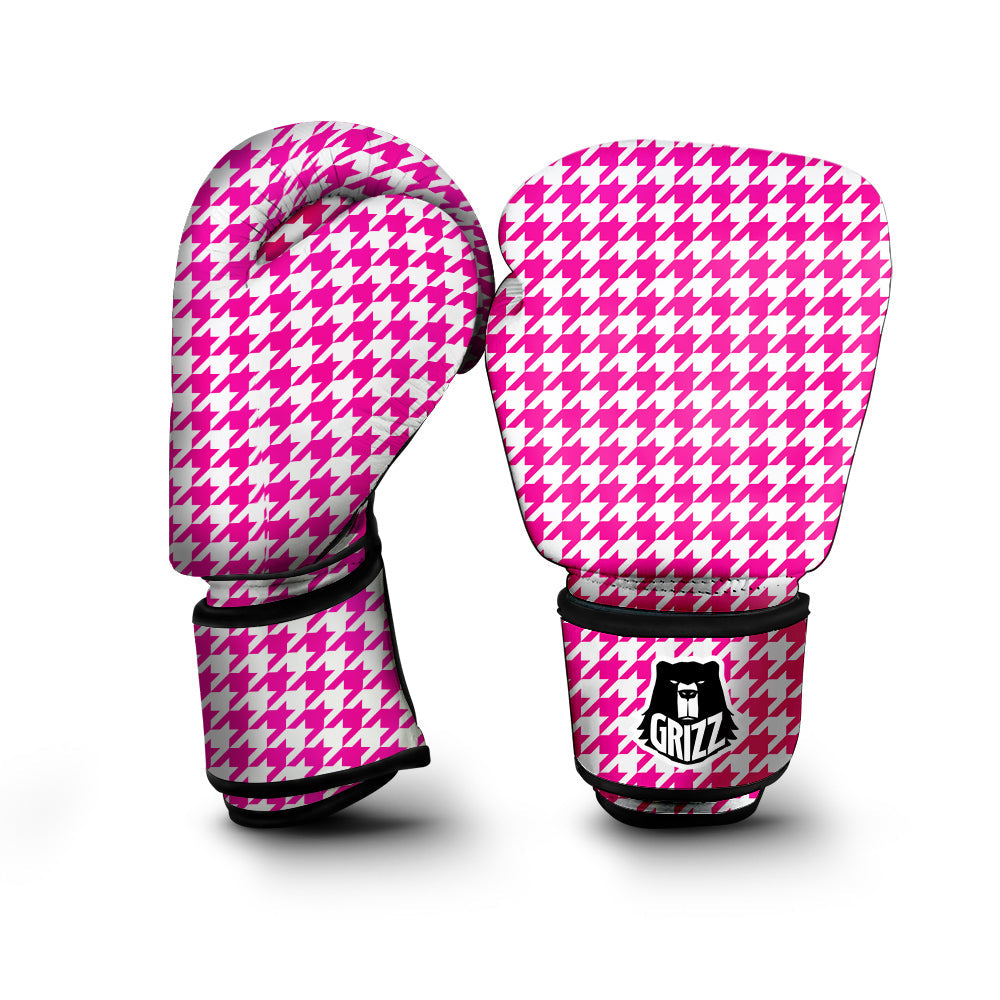Pink Houndstooth Print Boxing Gloves-grizzshop