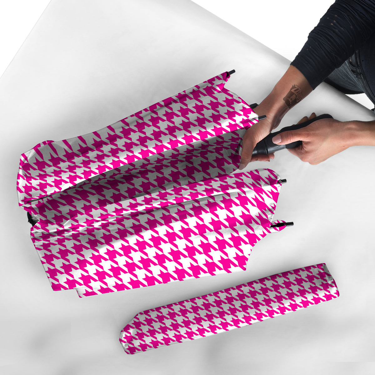 Pink Houndstooth Print Umbrella-grizzshop