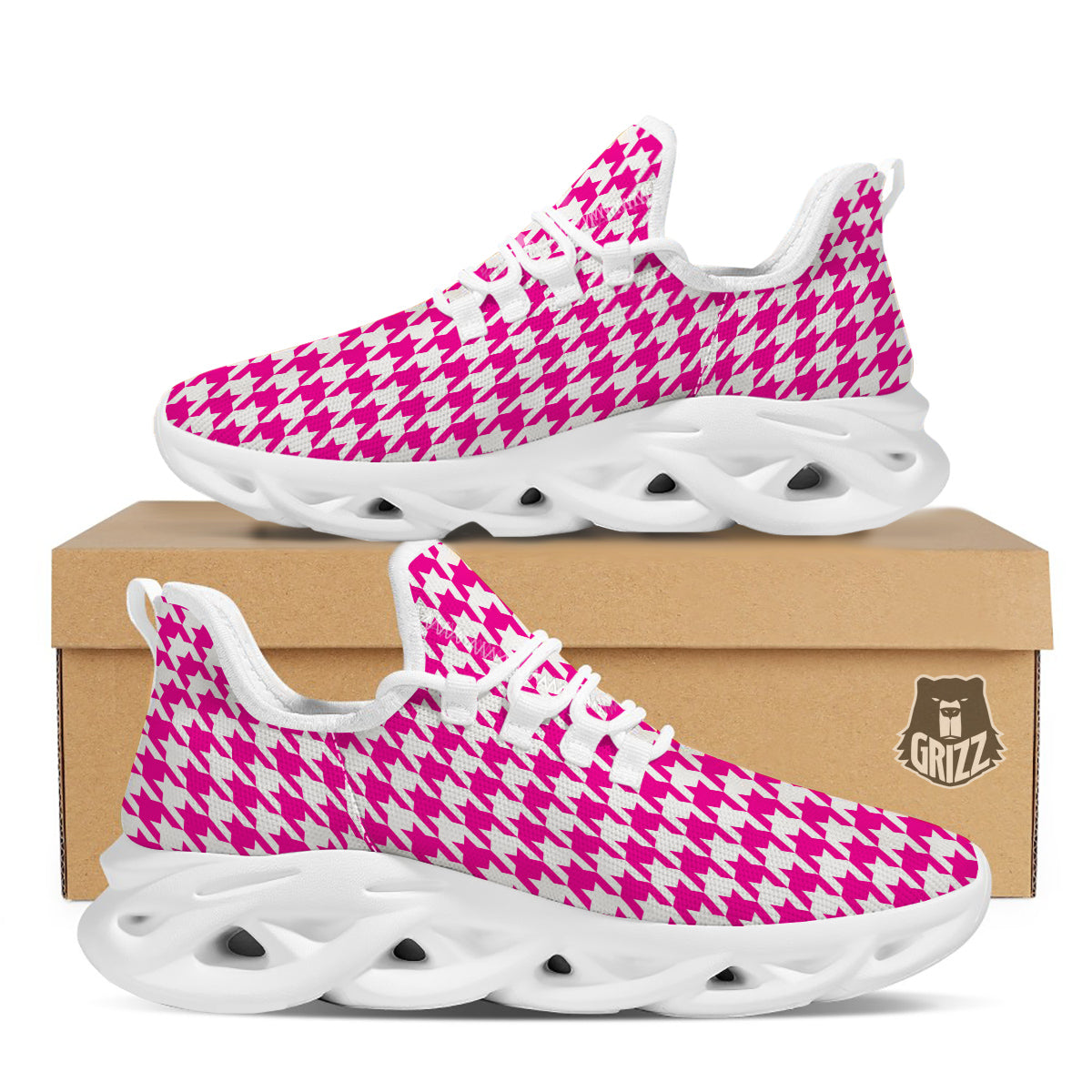 Pink Houndstooth Print White Running Shoes-grizzshop