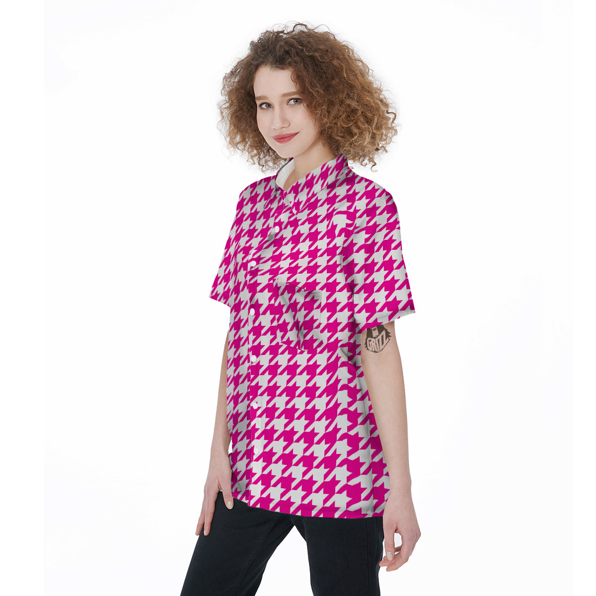 Pink Houndstooth Print Women's Short Sleeve Shirts-grizzshop