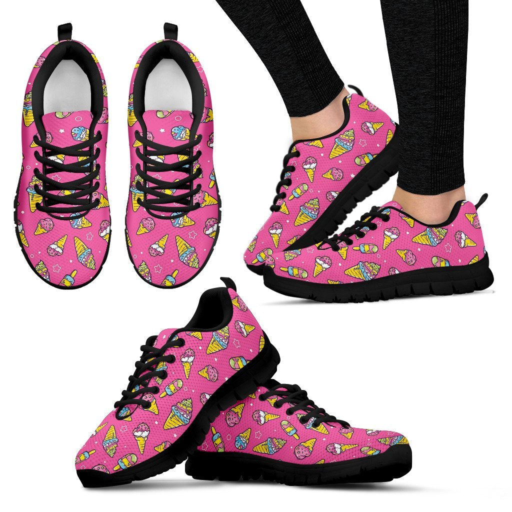 Pink Ice Cream Cone Pattern Print Black Sneaker Shoes For Men Women-grizzshop