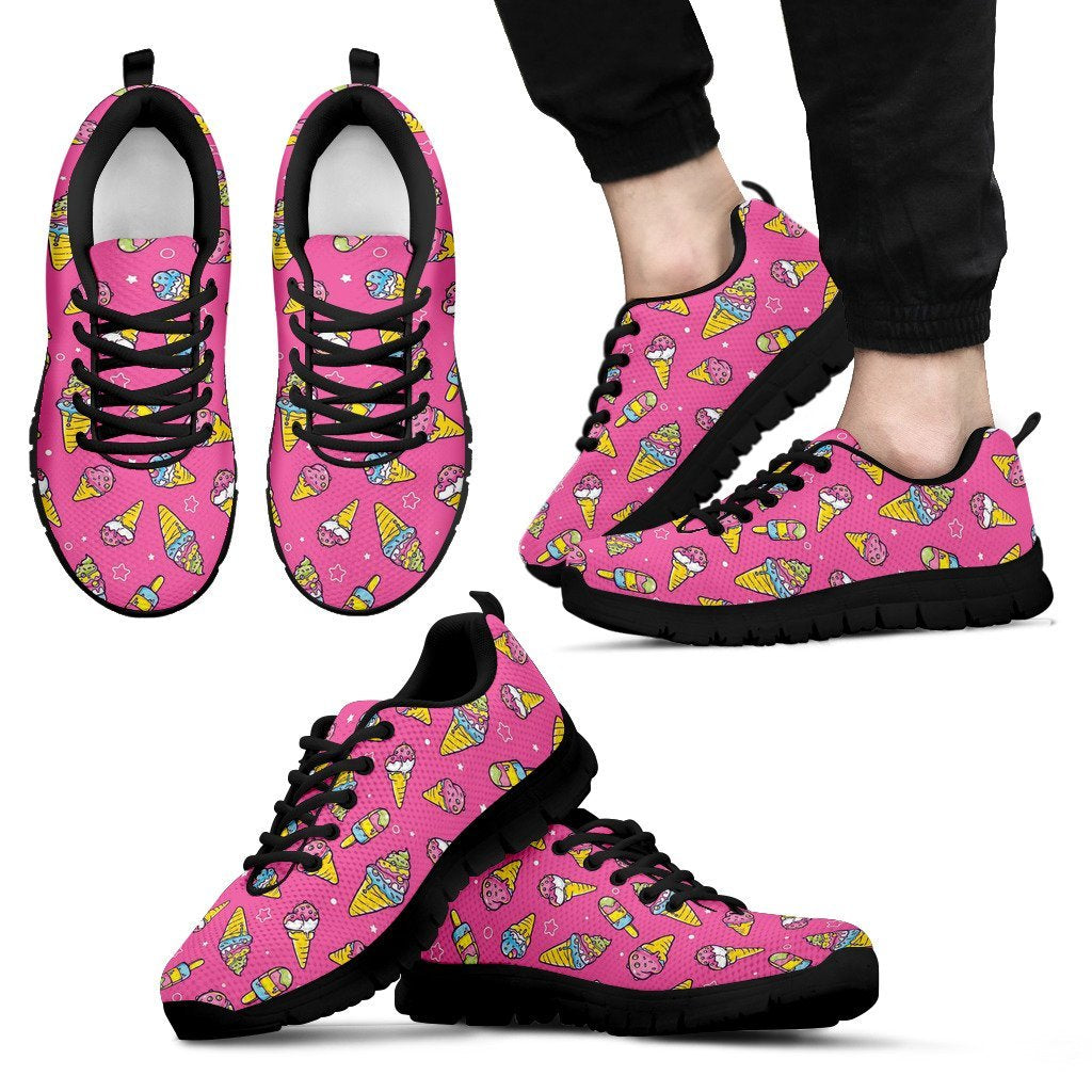 Pink Ice Cream Cone Pattern Print Black Sneaker Shoes For Men Women-grizzshop