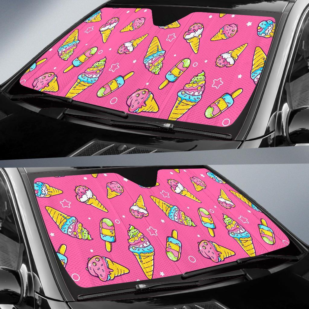 Pink Ice Cream Cone Pattern Print Car Sun Shade-grizzshop