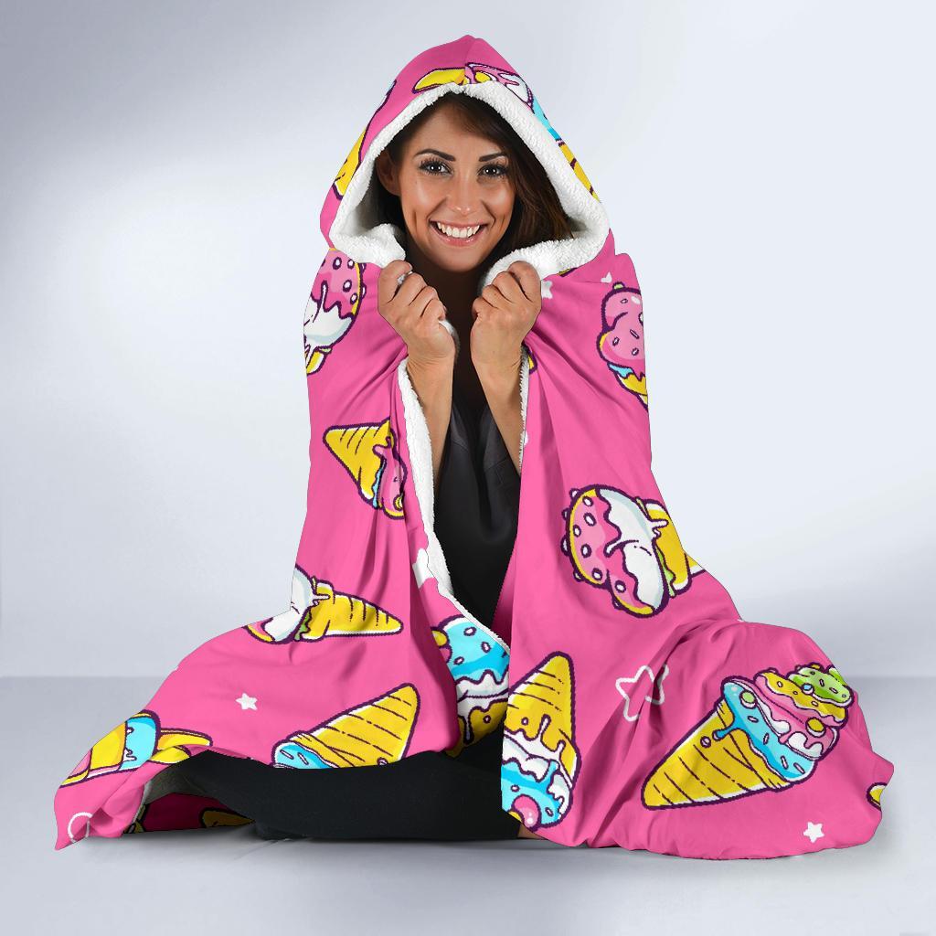 Pink Ice Cream Cone Pattern Print Hooded Blanket-grizzshop