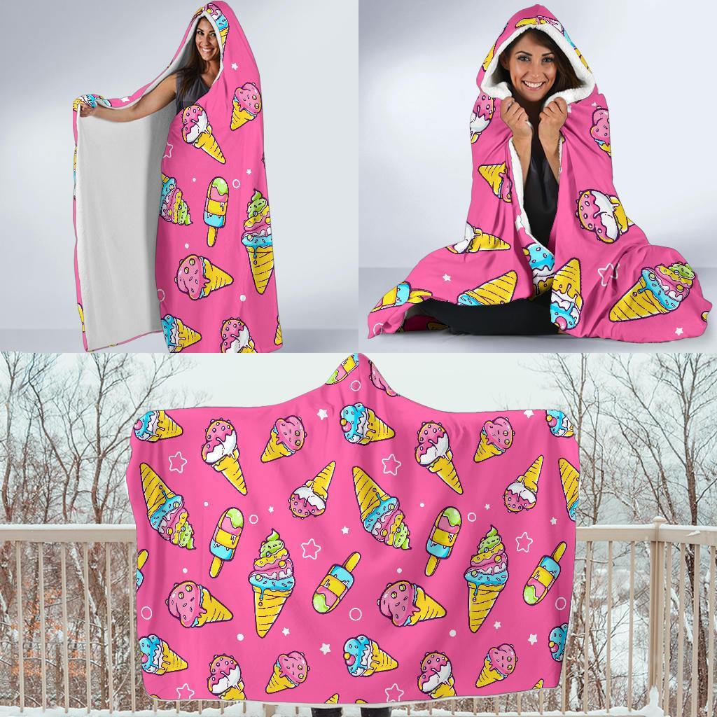 Pink Ice Cream Cone Pattern Print Hooded Blanket-grizzshop