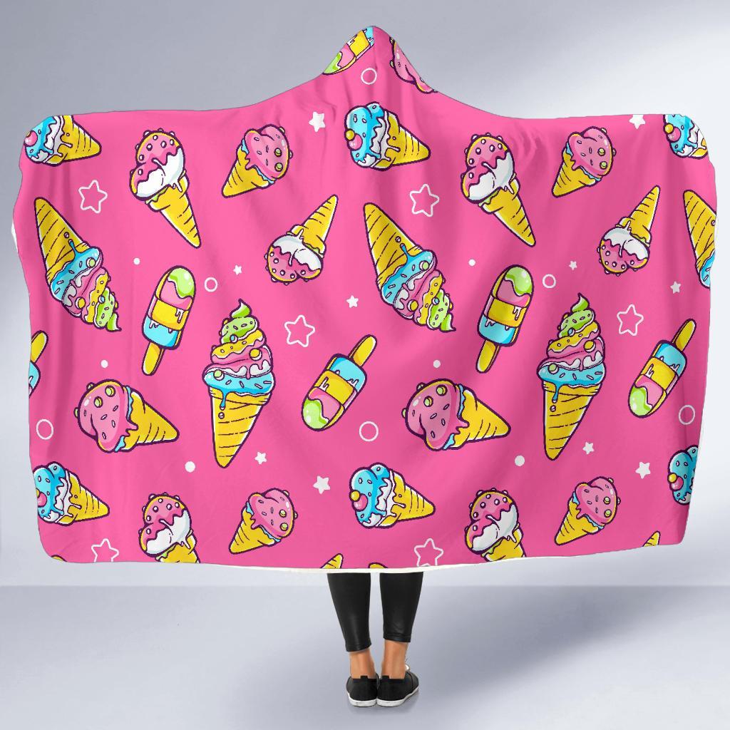 Pink Ice Cream Cone Pattern Print Hooded Blanket-grizzshop