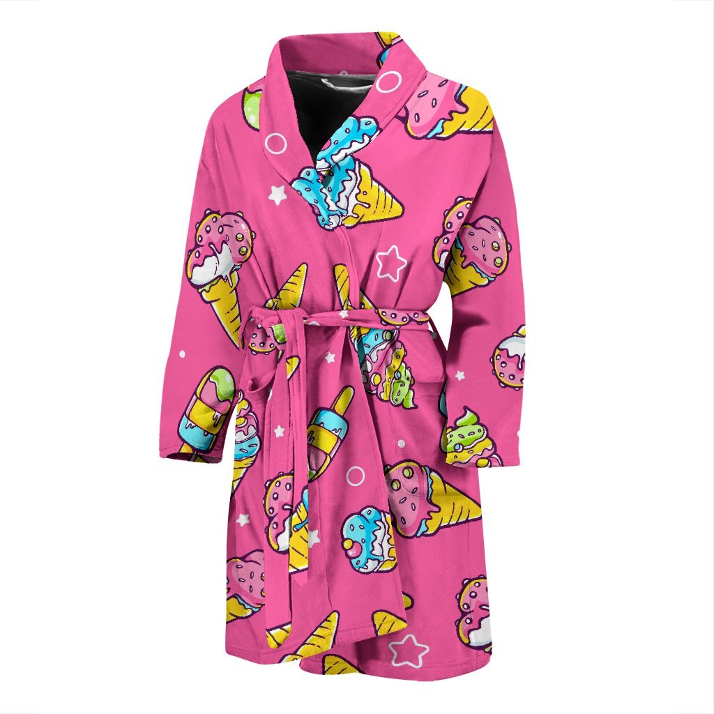 Pink Ice Cream Cone Pattern Print Men Long Robe-grizzshop