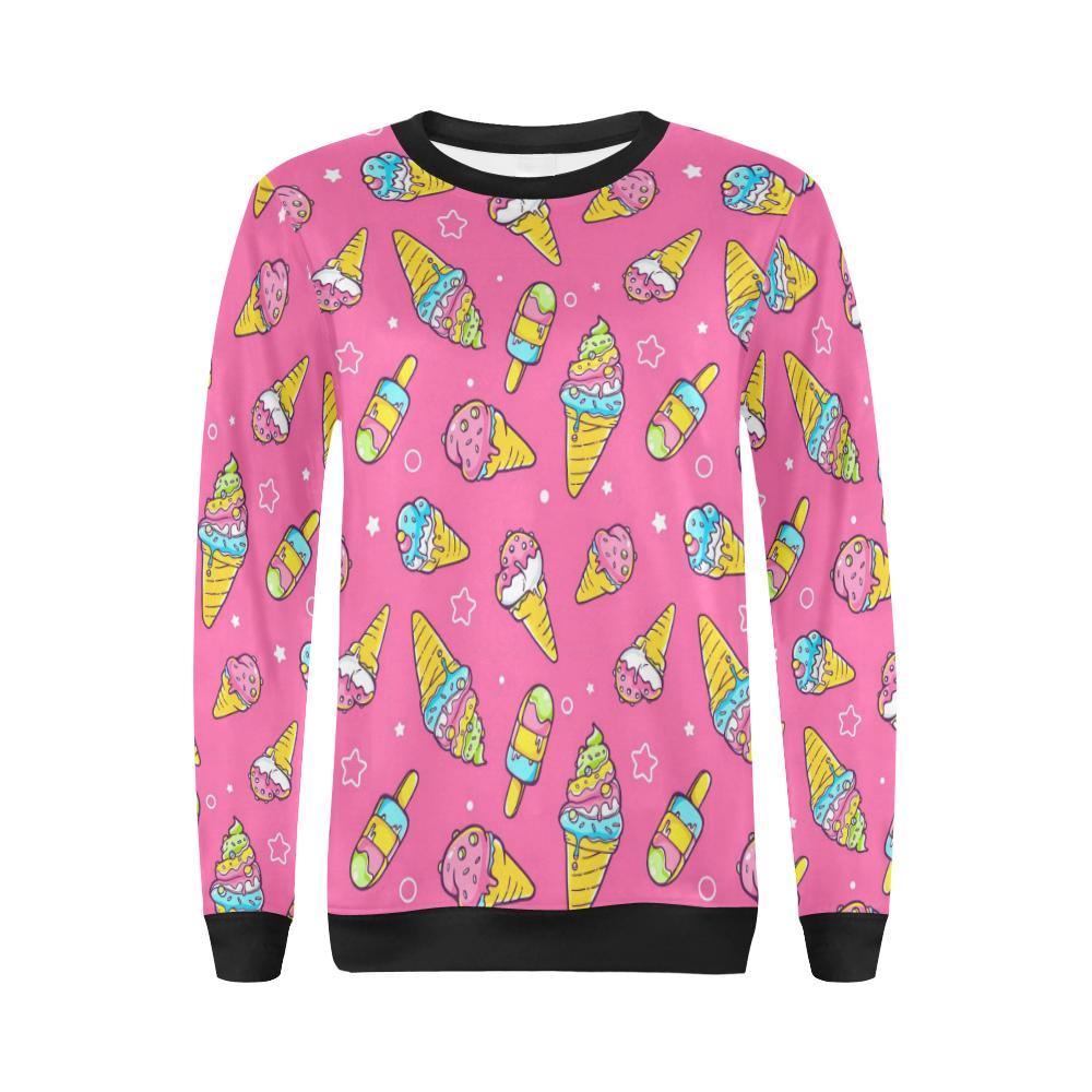 Pink Ice Cream Cone Pattern Print Women Crewneck Sweatshirt-grizzshop