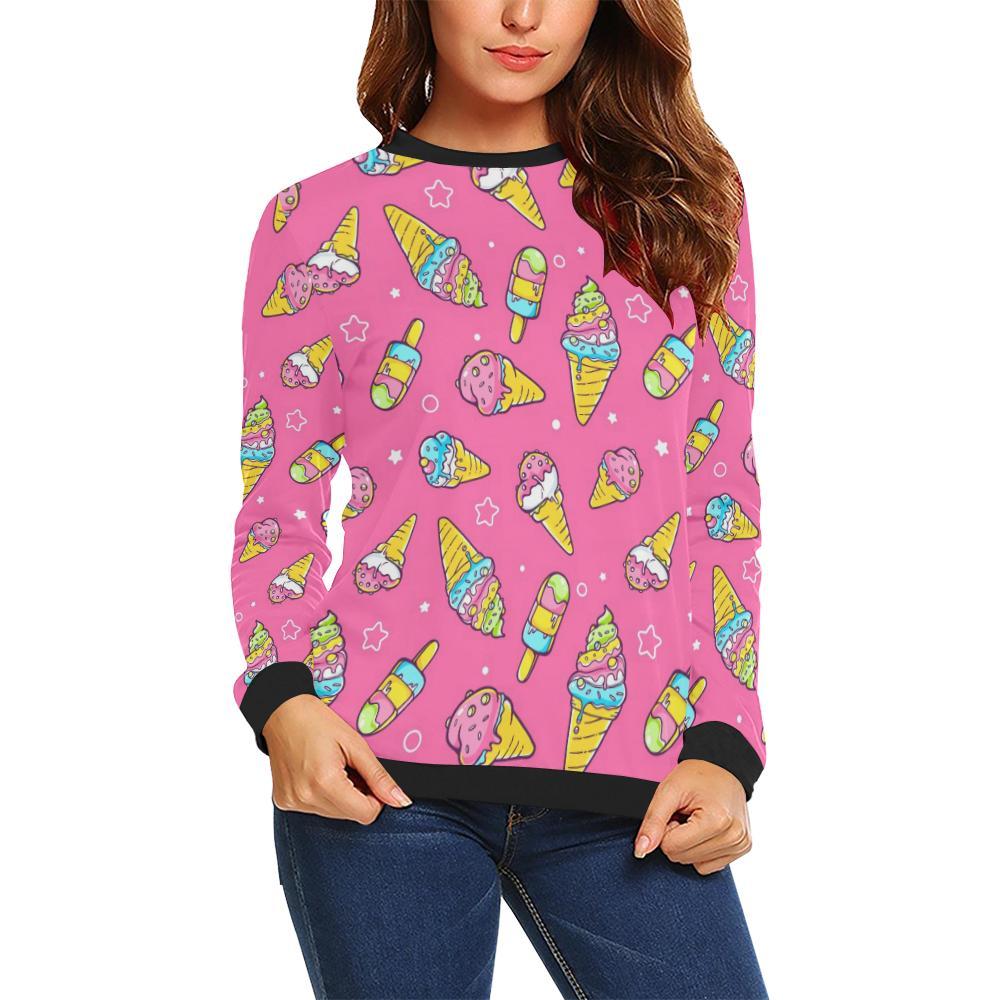 Pink Ice Cream Cone Pattern Print Women Crewneck Sweatshirt-grizzshop