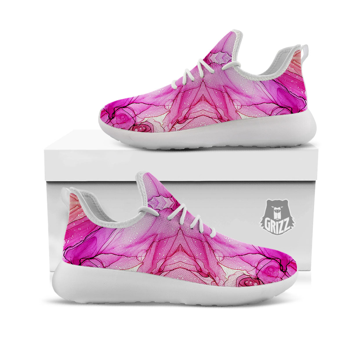 Pink Kaleidoscope Print White Athletic Shoes-grizzshop