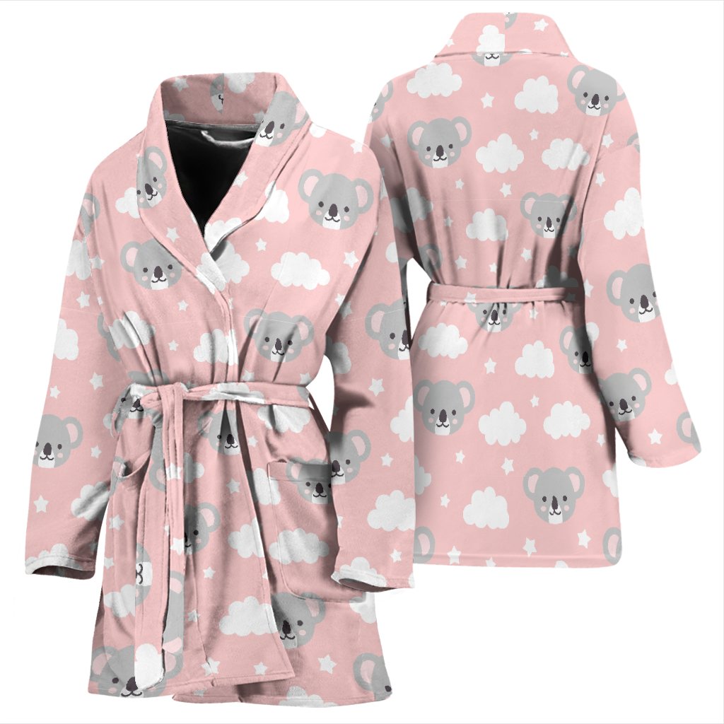 Pink Koala Pattern Print Women Long Robe-grizzshop