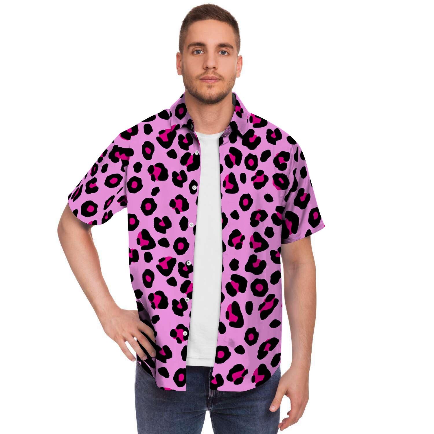 Pink Leopard Men's Short Sleeve Shirt-grizzshop